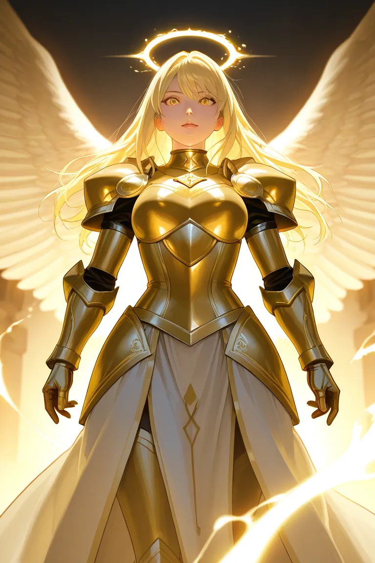 Golden girl, angel, glowing, golem, big waist.