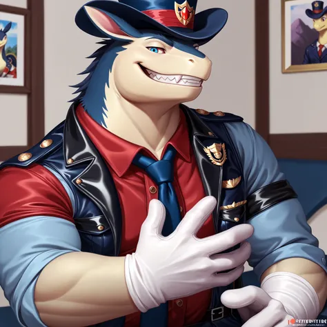 Male, close up, fat, musclegut, obese, gentleman, dapper Typhlosion, blue eyes, wearing a big leather collar around his neck, (soft shading), 4k, hi res, ((detailed face, detailed)), looking at viewer, evil grin, collared shirt with buttons, top-hat, neckt...