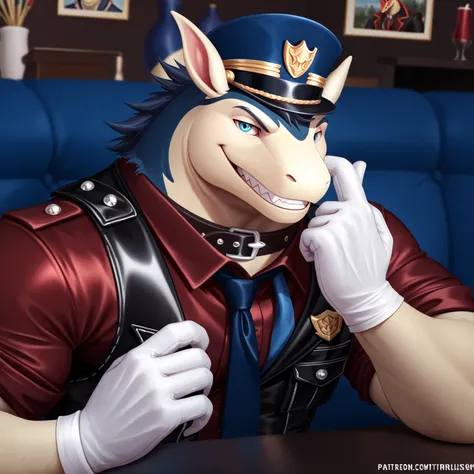 Male, close up, fat, musclegut, obese, gentleman, dapper Typhlosion, blue eyes, wearing a big leather collar around his neck, (soft shading), 4k, hi res, ((detailed face, detailed)), looking at viewer, evil grin, collared shirt with buttons, top-hat, neckt...