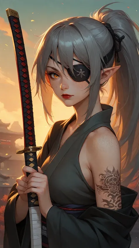 1girl, long hair, gray hair, ponytail, eye patch, kunoichi, samurai, beautiful, pointy ears, holding a katana, amber eyes, D&D, warlock, freckles, dark red lips, scar on eye, black tint on eye, white katana, nodachi, freckles on face, eyepatch, black tatto...