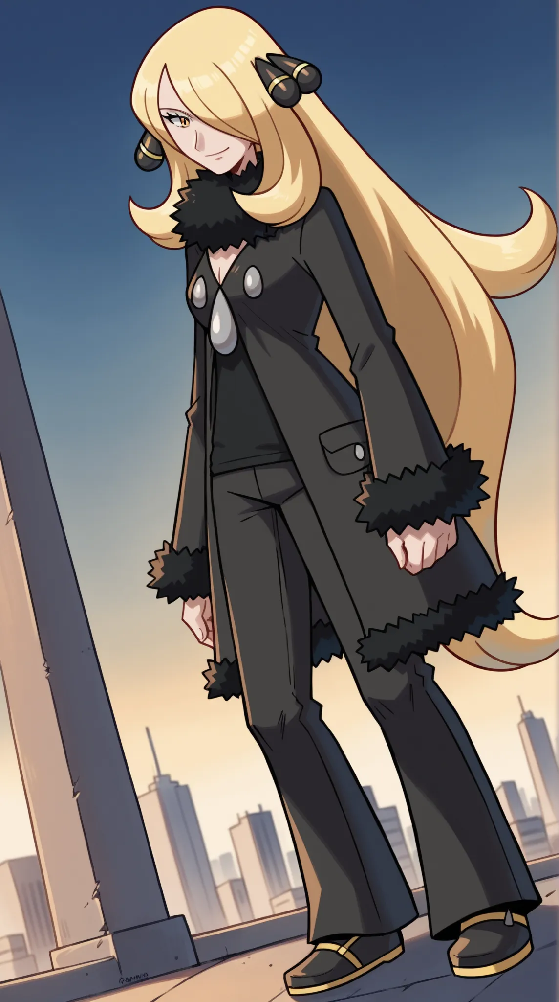 score_9, score_8_arriba, score_7_arriba,   source  _animated,
Pokemon Cynthia, Pokemon Cynthia, blond hair, hair ornament, hair over one eye,  long hair, yellow eyes,
black   coat  , black  pants, black shirt,   coat  , Fur collar, Leather trim,  sleeves w...