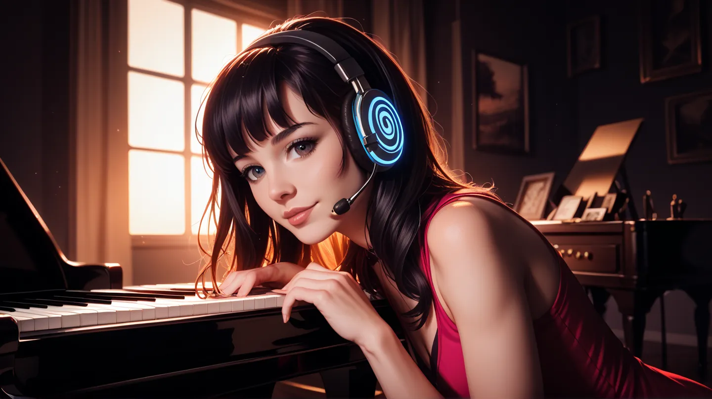 Cute dark-haired girl wearing a headset and composing music on a piano at dusk in a dark room　