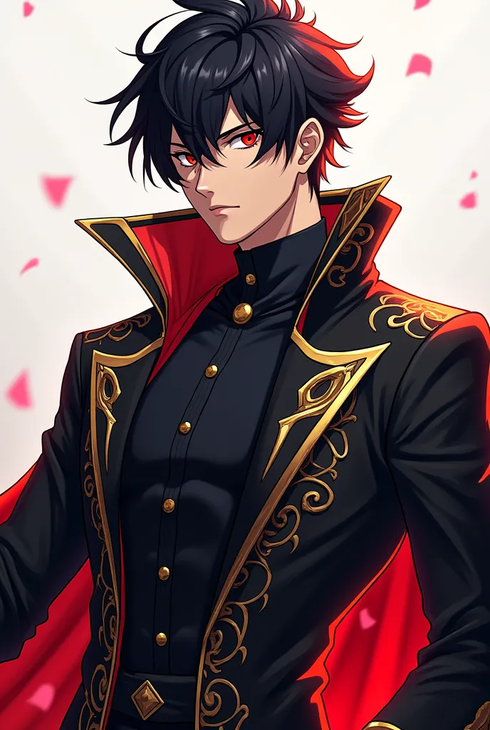 Man,  black hair, Stylish anime drawing, black and gold outfits, red eyes