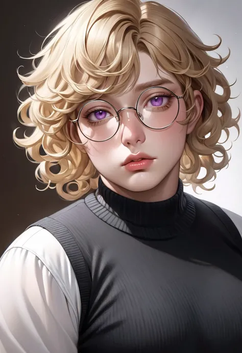 Ultra-realism, 1 boy, Femboy, male gender, curly blond hair, purple eyes, chubby body, brown skin, delicate facial features, full lips. He's wearing a white blouse with a black sweater over it, and round glasses.