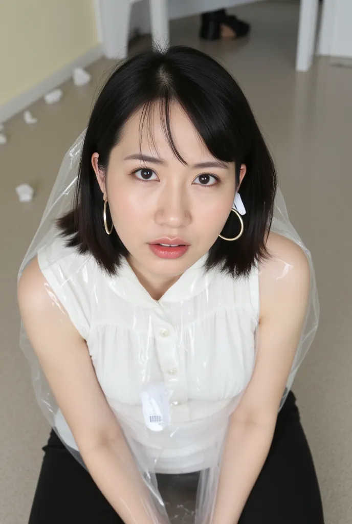 Close-up of the face of a beautiful mature woman, Japanese woman with white skin and dark black hair short silky straight with a thin face,  tilts her head facing forward ,  in a seated position bending her legs , is covered with transparent plastic and a ...