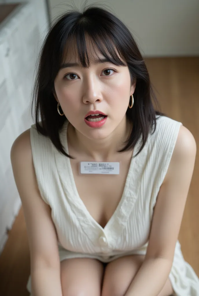 Close-up of the face of a beautiful mature woman, Japanese woman with white skin and dark black hair short silky straight and with a thin face,  tilts her head facing forward ,  in a seated position bending her legs , is covered with transparent plastic an...