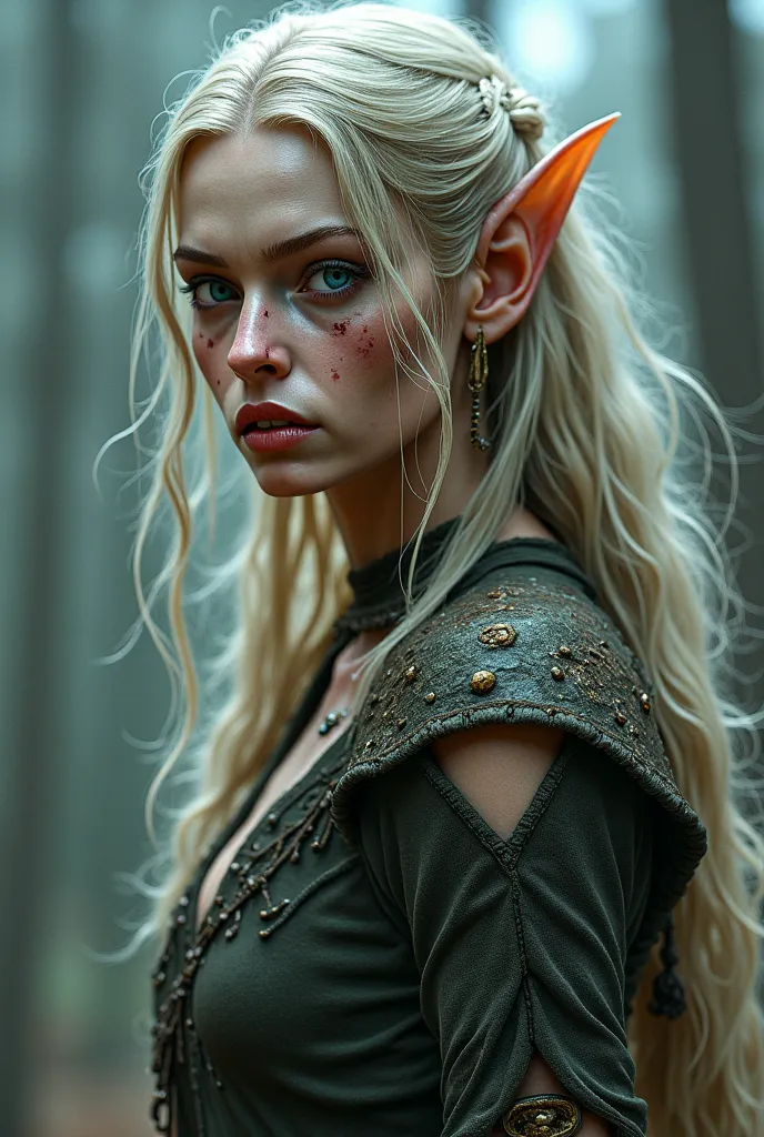 A female Elf with Blue Eyes, Pale skin Rugged & scarred with a difficult life & Long Lighltly blond hair.