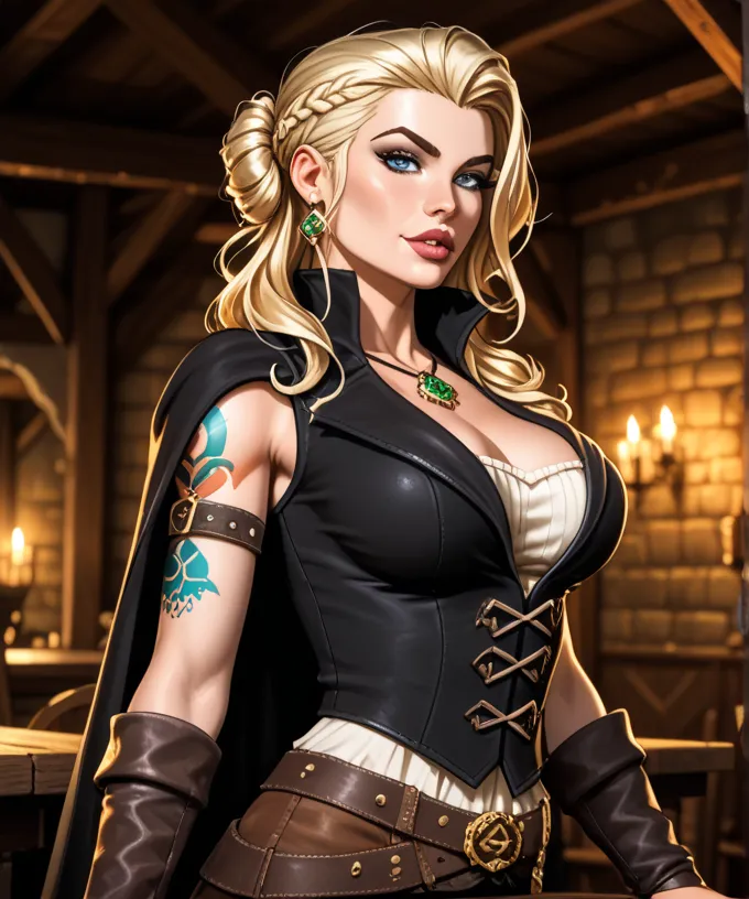 Looks about 20 years old. medieval RPG character, (((Very seductive and sultry.))) (D&D rogue character:1.2), Female fantasy character with attractive and mysterious features. Luxurious long blonde hair. Dark clothing. Seductive. Alluring. Very sexy and su...