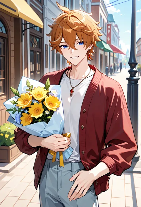 1boy, Tartaglia _(Genshin Impact), casual clothes, smiling, holding bouquet