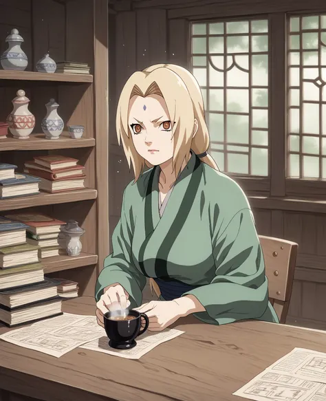 "(masterpiece,  ultra detailed,  High quality:1.2), anime style, Tsunade Senju sitting in a large meeting room, arranged on a traditional cushion, expression of annoyance and tiredness, squinted eyes and slightly arched eyebrows, relaxed posture but with s...