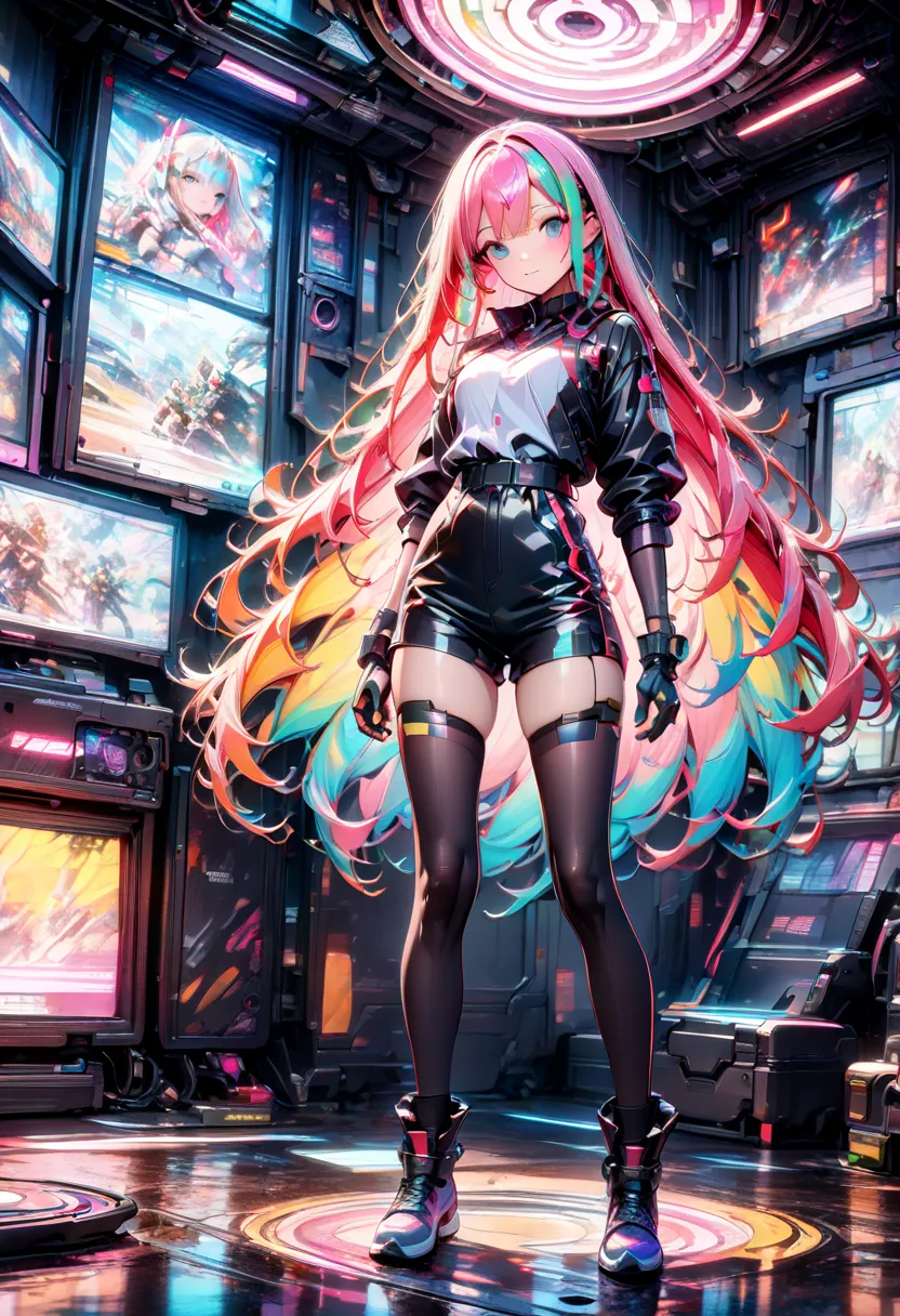 1android, a form of girl, rainbow color hair, colorful hair, long hair, (cyber room background), display, panel, futuristic, neon light, strong light, aerial, full body, 
 ,holographic, (masterpiece:1.3),best quality, ultra detailed, complex detail, maximu...