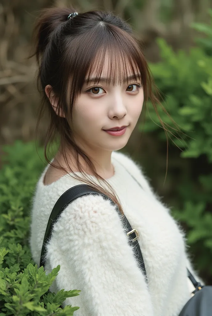 Yoda_ Yuuki ,  The image is a close-up portrait of a young woman with long hair and bangs ,  with wavy hair tips . Her skin is very white、The figure is slim .  she smiled and looked at the camera .   she is wearing a white sweater 、 carrying a black should...