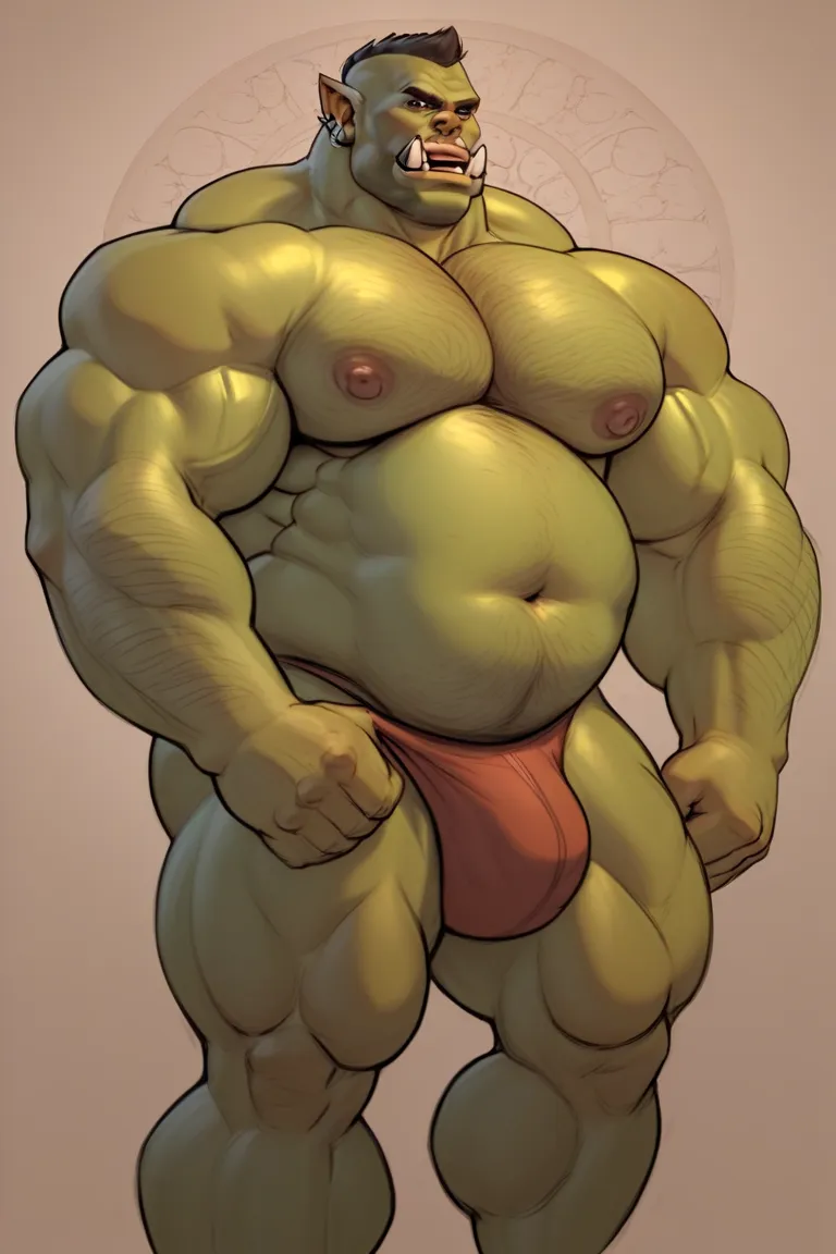 Sexy muscular orc. Big thick meaty fat chubby Muscle gut. Stomach and chest focus, line art drawing. By E-Zoid
