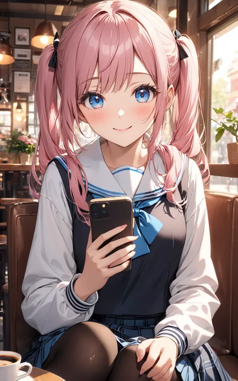 beautiful hands, school uniform, black pantyhose, cafe,coffee,
very cute and beautiful girl, (Pink hair:1.2), blue eyes, long hair, beautiful lips, smile, pigtails, smartphone,