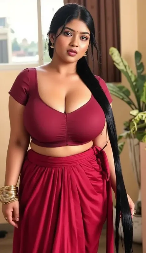   indian chubby woman in her 40s is wearing a full red long skirt, bedroom , red satin  front closer blouse,big Deep cleavage,big sexy chest,big ,detailed body and face, big bright eyes, charming, sexy, perfect anatomy, braid very long silky smooth oily de...