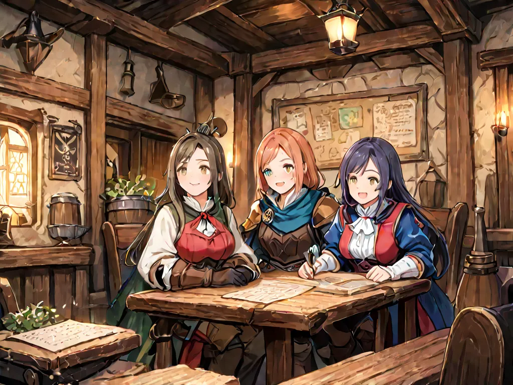 the middle ages tavern with receptionist adventuers and big board with quests