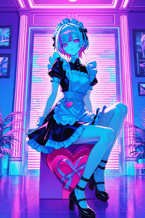 cool beauty, gradation color hair, slender body, sit on box , maid exotic fashion, tropical motif room, neon color, Vaporwave, girl inside Heart_shaped box,