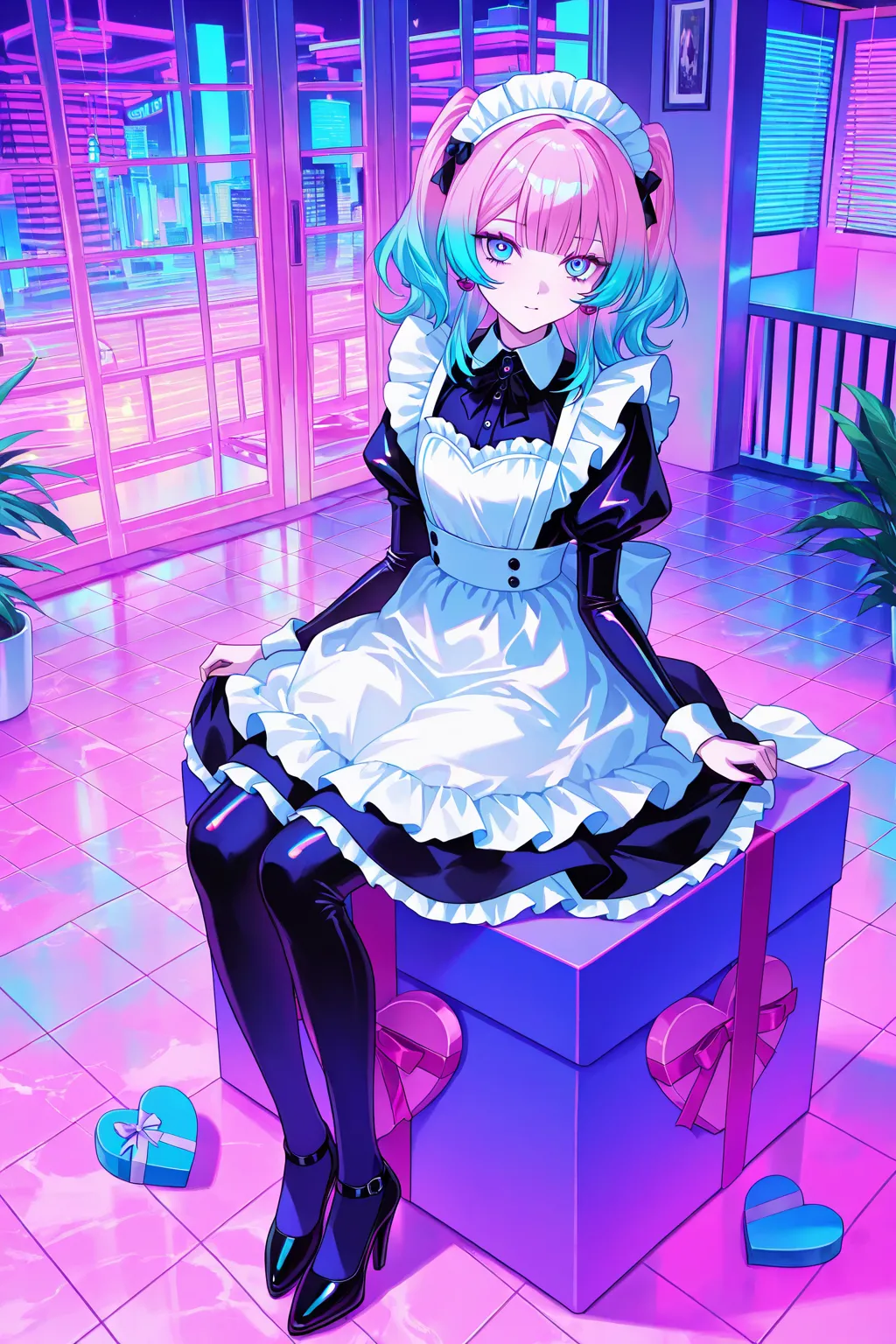 cool beauty, gradation color hair, slender body, sit on box , maid exotic fashion, tropical motif room, neon color, Vaporwave, girl inside Heart_shaped box,