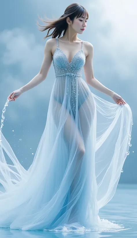 Create a hyper-realistic advertisement-style image featuring a asian woman wearing a long, flowing dress made entirely of water. The dress should cascade down her body like a waterfall, with delicate ripples and waves that mimic the movement of fabric. The...