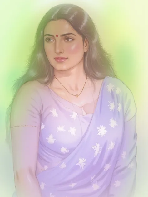 a high-quality water color painting by artist Manimala featuring a smiling South Asian woman with light brown skin and long, dark hair. She wears a traditional lavender sari with white floral patterns and a gold necklace. The background is a soft blend of ...