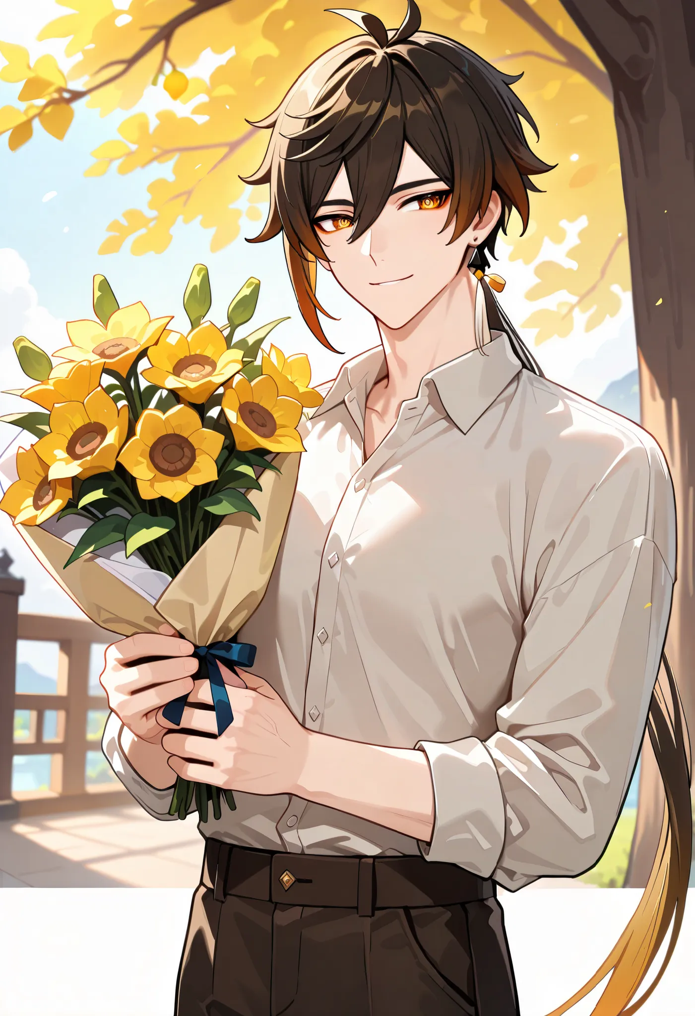 1boy, Zhongli _(Genshin Impact), casual clothes, smiling, holding bouquet