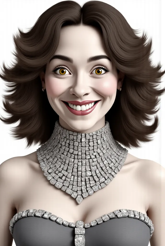 Tender and realistic girl with medium wavy brown hair, With orange eyes, avec un corps plein, Big breasts , big buttocks with a miniskirt, necklaces and diamonds, des bijoux sur tout le corps.