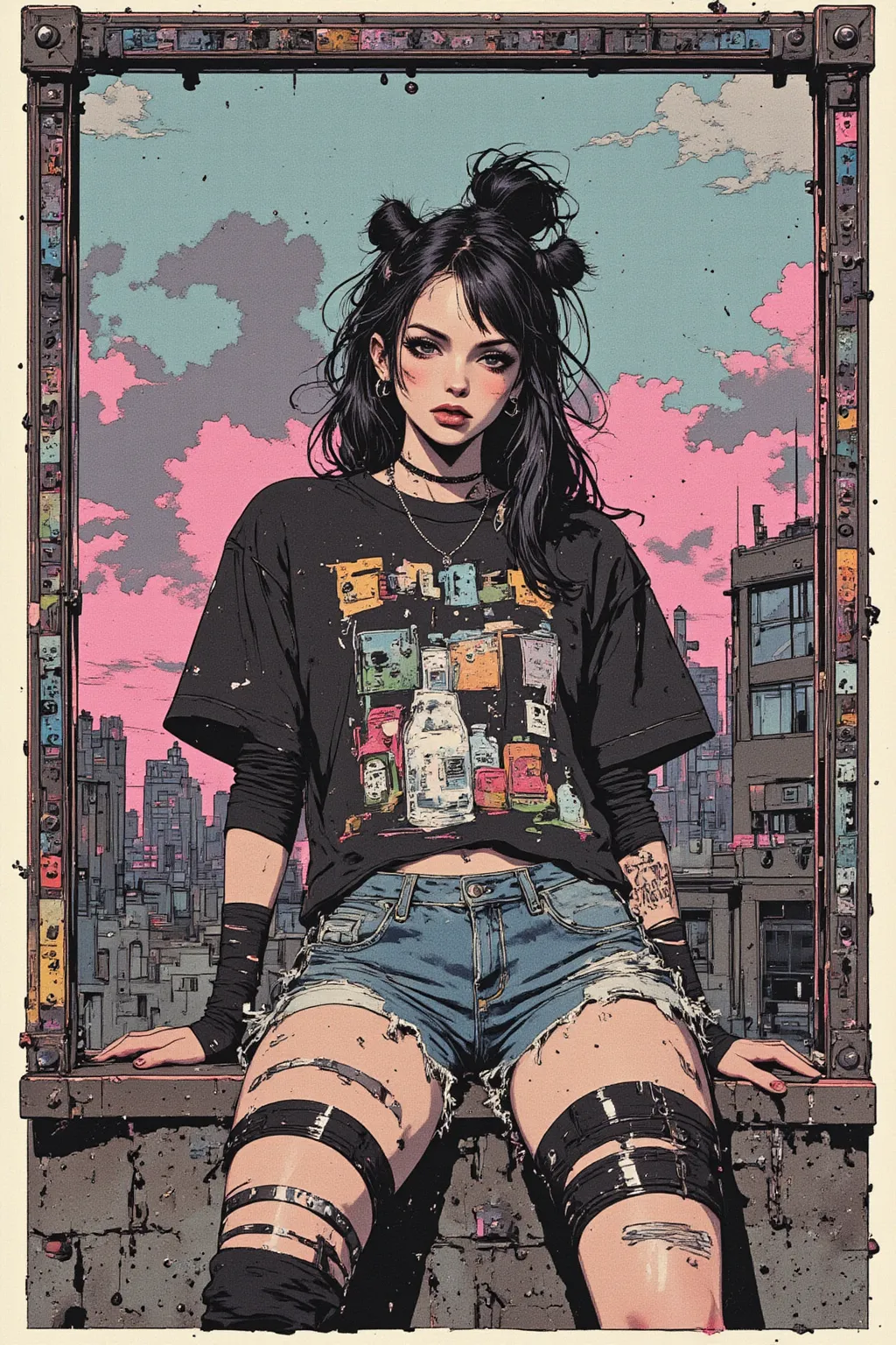 (urban rooftop background:1.3), solo, 1girl, (cinematic lighting:1.5), (close-up details:1.2), (black-hair:1.3), (kawaii goth aesthetics:1.5), (heroin chic:1.5), (cropped graphic tee with holes:1.3), (denim cutoff shorts:1.5), (elbow warmers:1.3), (grungy:...