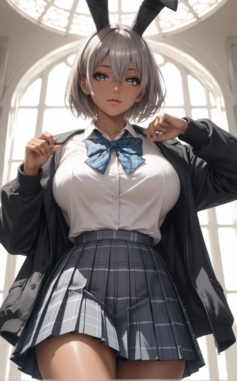  oversized down jacket,Young face, girls on the left,(Wear loafers 1.2),tanned skin, Rabbit Ears,(masterpiece:1.2, TOP QUALITY), beautiful illustrations, high school girl , (Super short hair with gray hair), bangs, hair between eyes, big breasts,  beautifu...