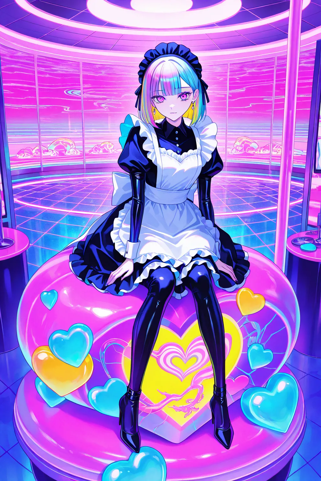 cool beauty, gradation color hair, slender body, sit on object , maid exotic fashion, tropical motif room, neon color, Vaporwave, girl inside Heart_shaped object,