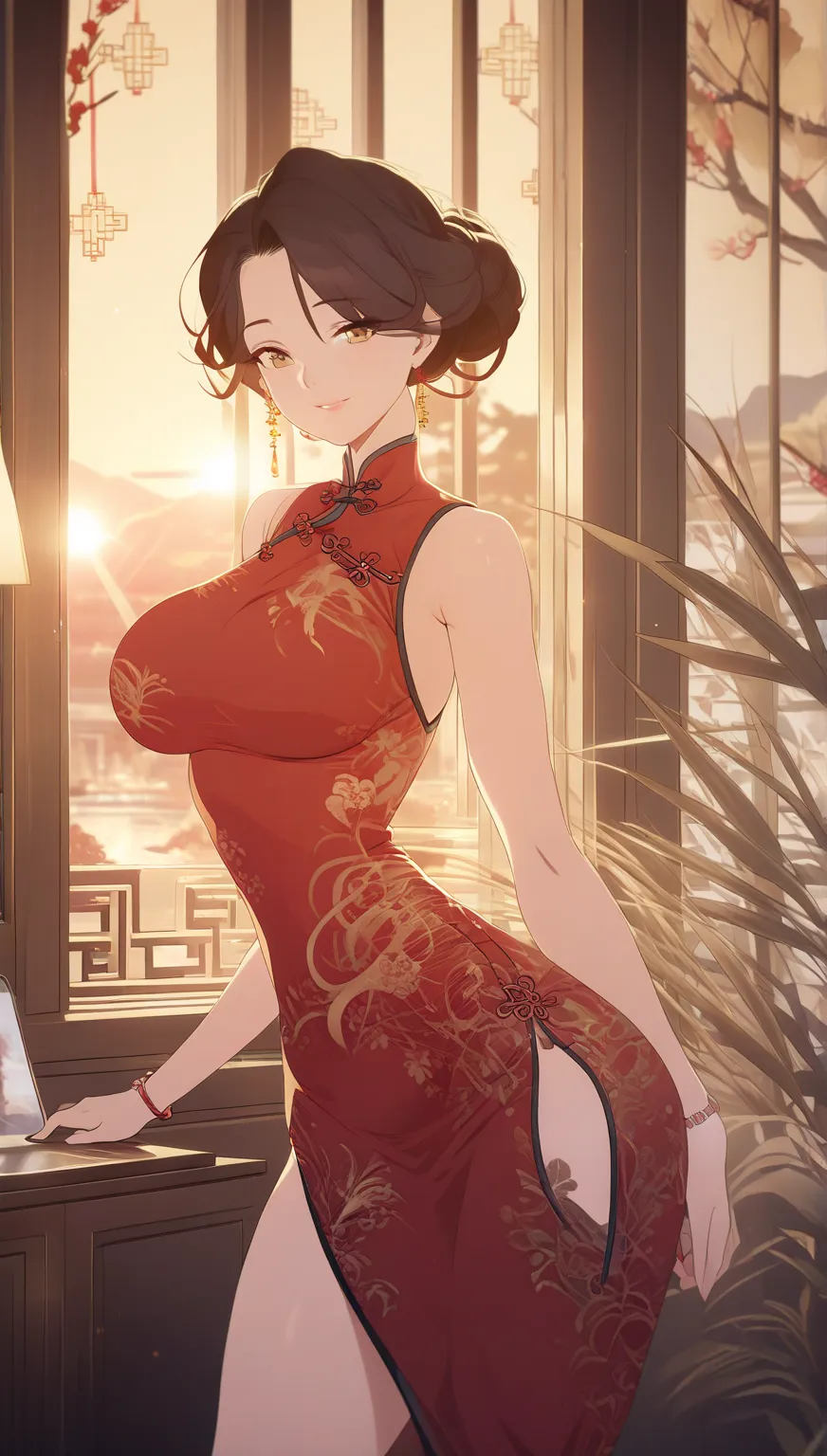 1woman,highres,official art,masterpiece,best quality,
1girl,light smile, hotel room,standing,from behind, 
(large breasts),mature female,
hanying, china dress,