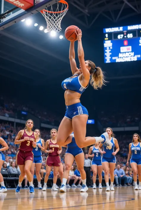 A high-energy moment during a March Madness bimbo's basketball tournament. The spotlight sharply focuses on a dynamic female bimbo wearing a vibrant blue '9' bikini, her athletic figure mid-air as she performs an impressive layup, the orange ball a blur ag...