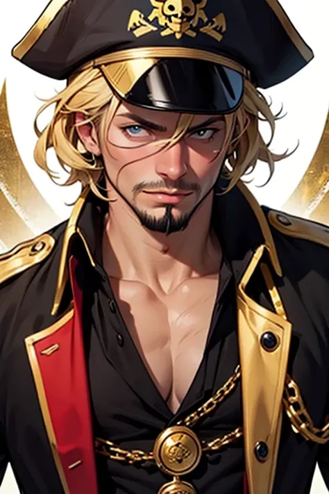 A pirate caricature with black clothes with gold details, nothing too flashy, a black and blond pirate hat and a blond goatee too, he is posing, adjusting his clothes and looking at the camera