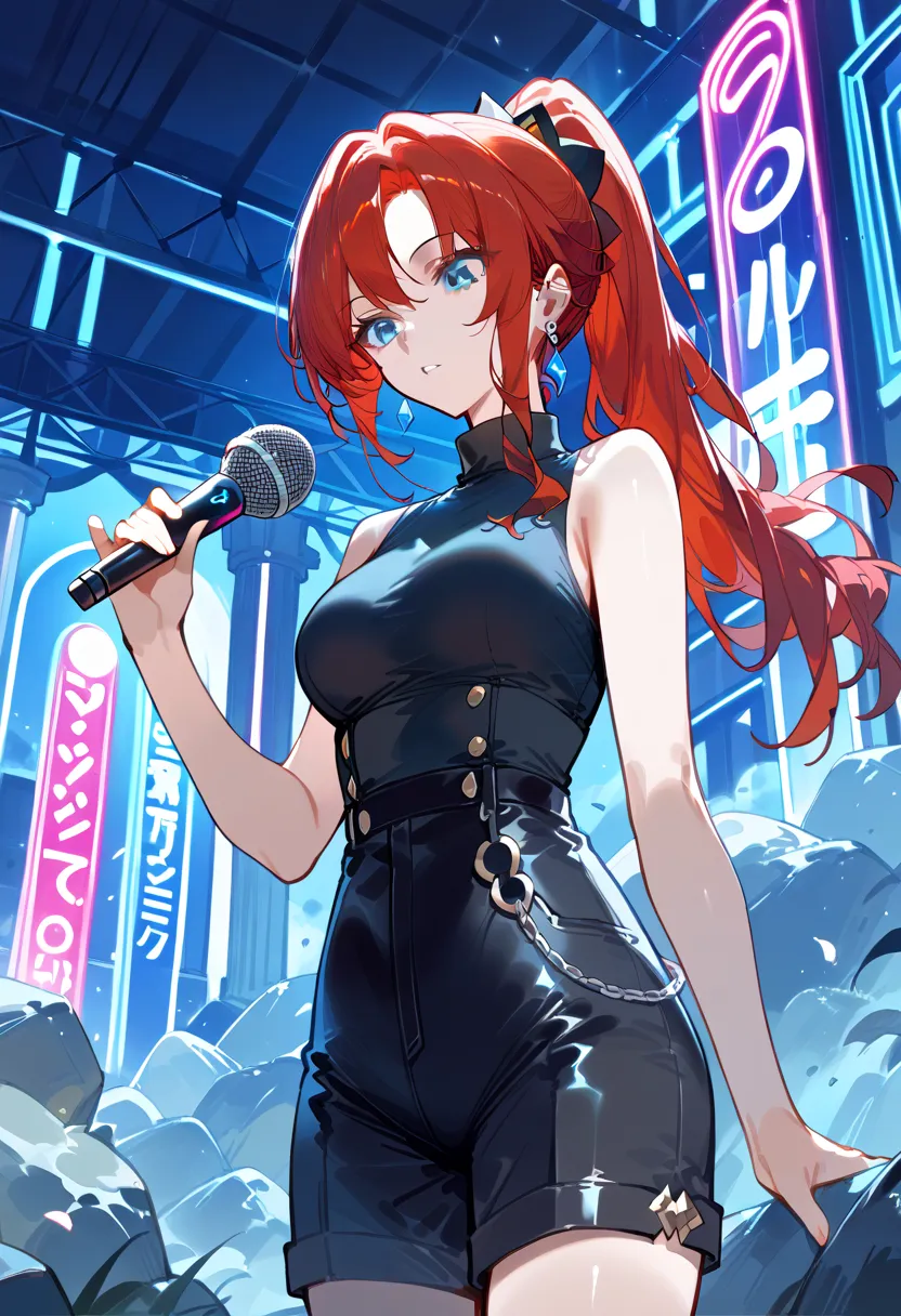 score_9, score_8_up, score_7_up, source_anime, 1girl, blue eyes, earrings, long hair, red hair, solo, parted lips, looking down, ponytail, black choker, black shorts, sleeveless turtleneck, mismatching socks, ((holding a mic)), (masterpiece, rock stage bac...