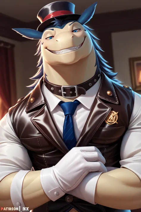 Male, close up, fat, musclegut, obese, gentleman, dapper steampunk Typhlosion, blue eyes, wearing a big leather collar around his neck, (soft shading), 4k, hi res, ((detailed face, detailed)), looking at viewer, evil grin, collared shirt with buttons, top-...