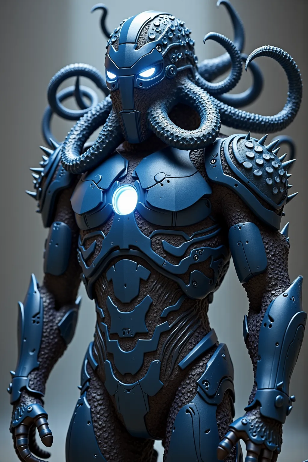 Create armor only INSPIRED by Iron Man, that has an octopus design, a dark armor that is scary, that is like the depths of the seas,  the Abyssal , armor inspired by Kraken, Add a lot of tentacles 