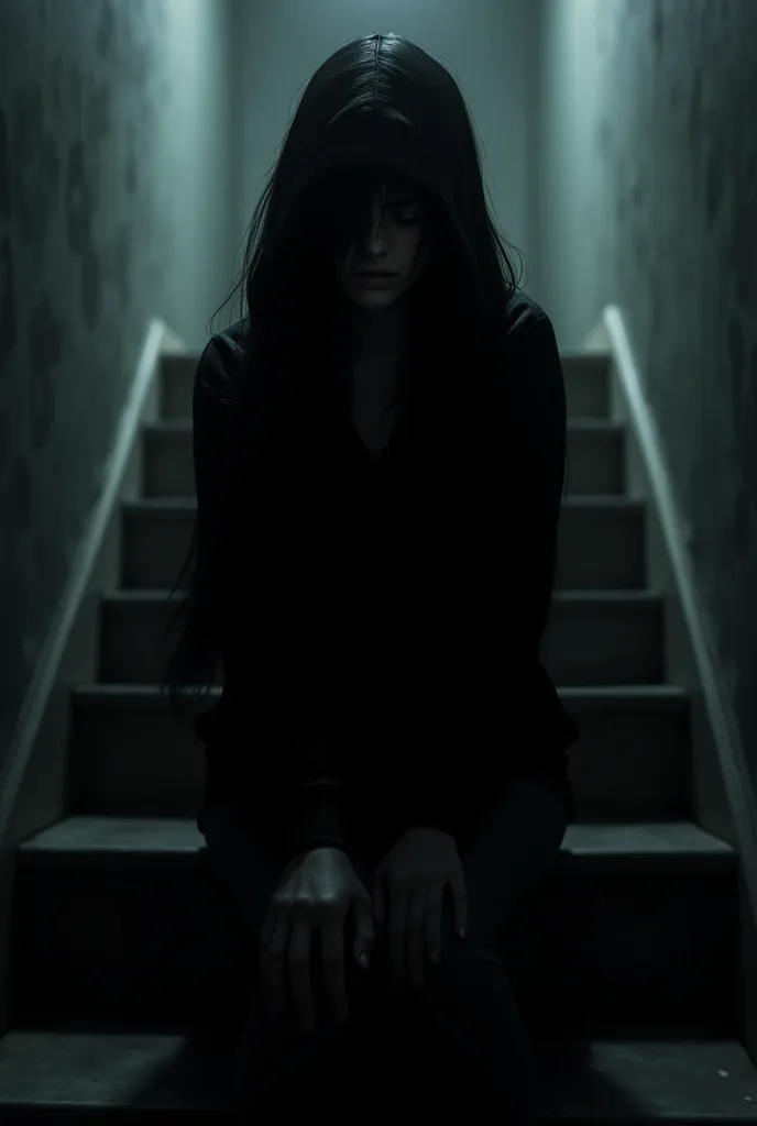 Woman with long black hair covering her face, wearing a black hooded sweatshirt, sitting on the stairs in a dark corridor