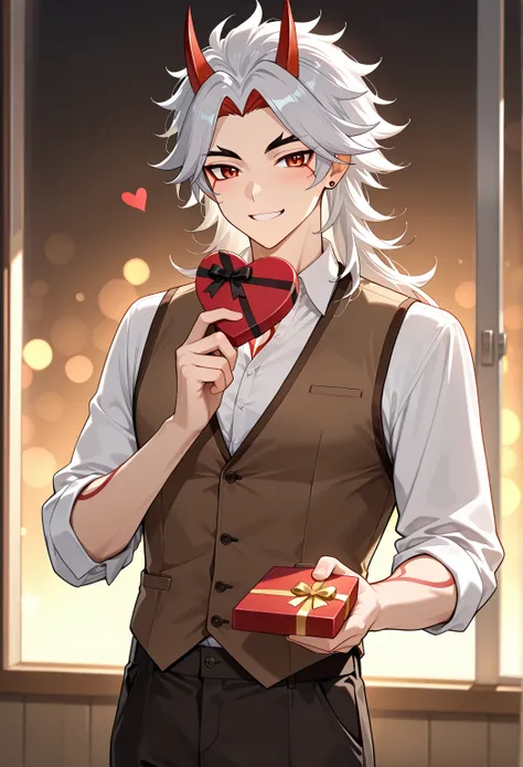 1boy, Arataki_Itto(Genshin Impact), casual clothes, smiling, holding valentine's gift box