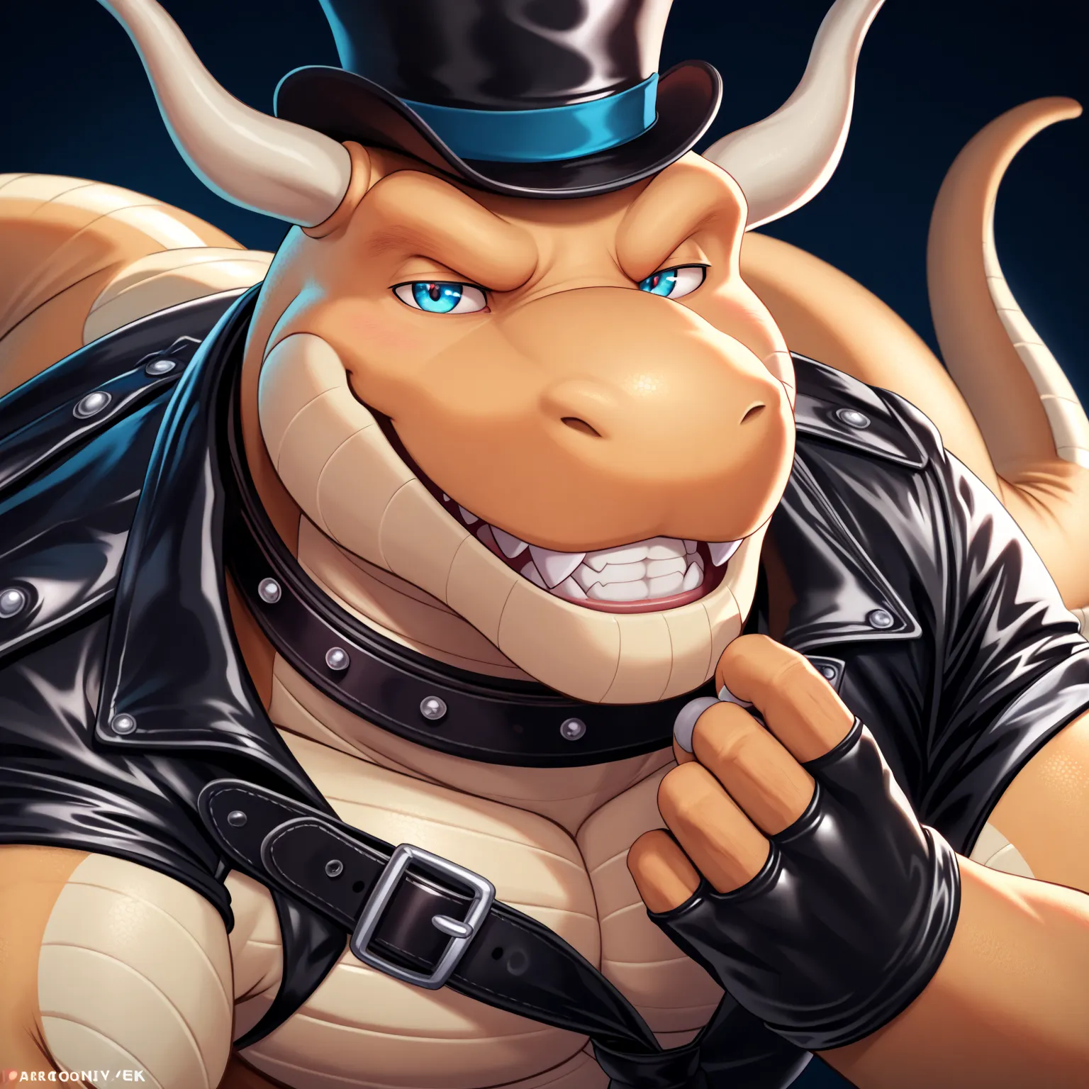 Male, close up, fat, musclegut, obese, gentleman, dapper steampunk Dragonite, blue eyes, wearing a big leather collar around his neck, (soft shading), 4k, hi res, ((detailed face, detailed)), looking at viewer, evil grin, collared shirt with buttons, top-h...