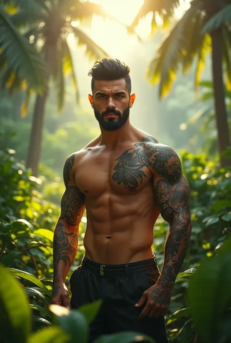 a young man with tattoos on his body, with straight black hair, has a low-fade haircut and stubble, green eyes and medium build, standing in a lush tropical landscape in Puerto Rico at age 30, 8K, highly detailed, photorealistic, cinematic lighting, dynami...