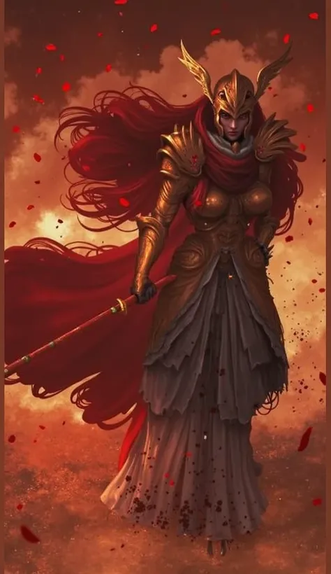 An imposing warrior in ornate golden armor, with a winged helmet covering her eyes and long flowing red hair. She holds a scarlet katana in a battle stance, radiating a crimson glow. Her metallic attire features floral details, symbolizing decay and beauty...