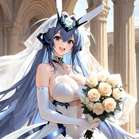 New Jersey (Azur Lane), 1girl, newjerseywedding, happy, smile, open mouth, looking at viewer, holding bouquet, bridal veil, see-through, white dress, wedding dress, white gloves, elbow gloves, cleavage, large breasts, arch, rose, pillar,  super HD eyes, di...