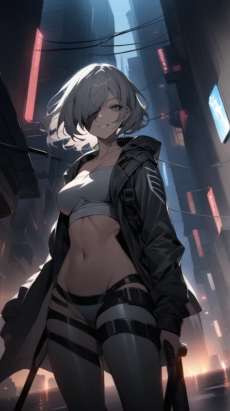  1 girl, Lappland\(Archknight ), Archknight ,  upper body, gray hair,  long hair ,  scar over the eye , Grin, Open coat, tube top,  kinematic angle, Night City, masterpiece,  best quality