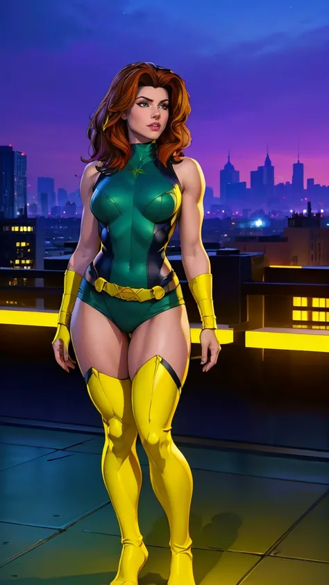 ((Full body photo, standing, feet on the floor)) (best quality,4k,8k,highres,masterpiece:1.2),ultra-detailed,(realistic,photorealistic,photo-realistic:1.37),full body shot,Rogue,X-Men,yellow thigh high boots,beauty pose, standing tall, show feet, outside, ...