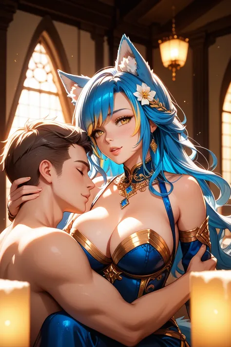 A beautiful  girl with long dark blue hair, big breasts, wolf ears, tail and yellow eyes is having sex.