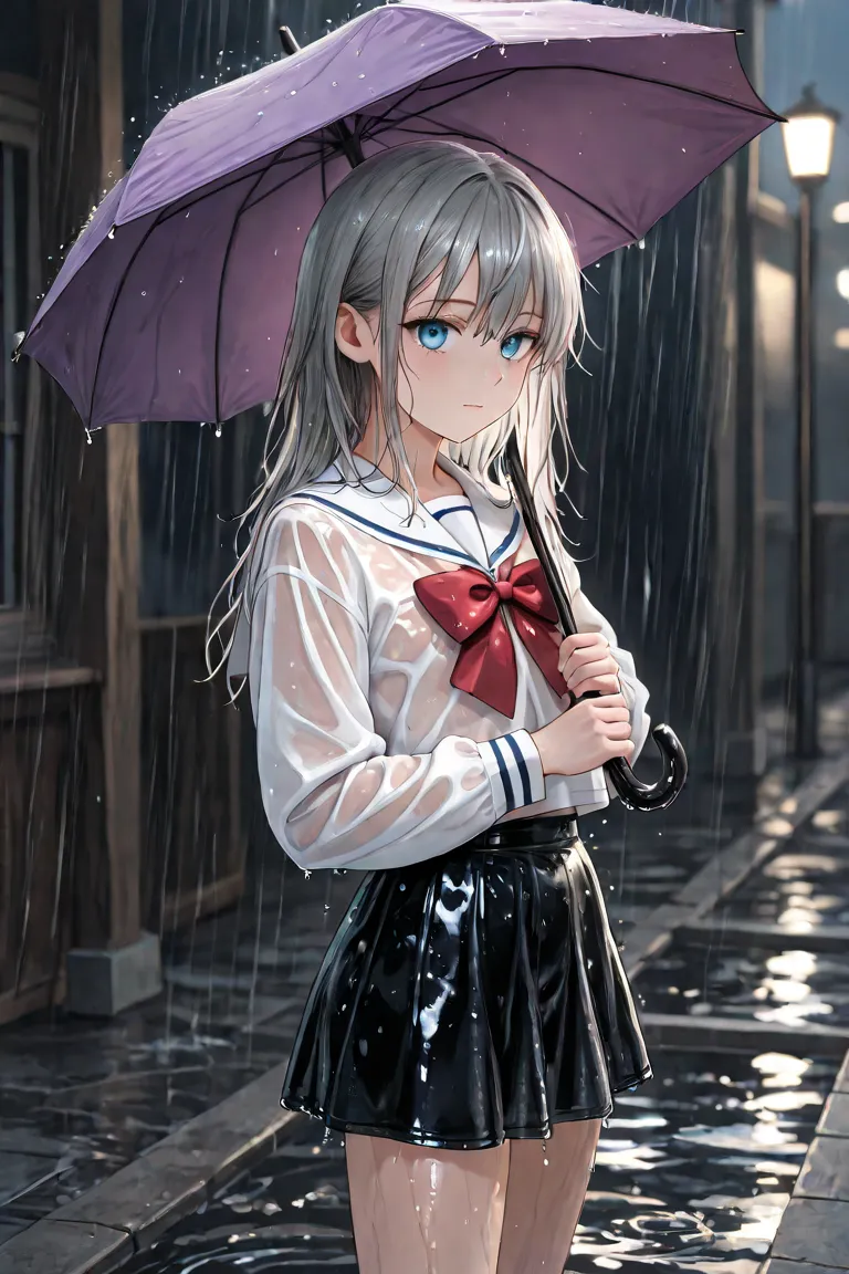 gray hair in the dark bedroom、medium hair、 blue eyes、with a purple umbrella it's raining、wet hair、 See-through Clothes 、white sailor shirt with red bow、Black Mini Skirt、random suspect