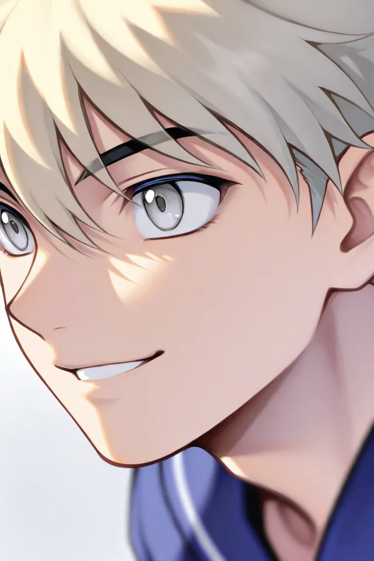 Tall ager boy student with Blonde short hair, light cold gray eyes, cooky Prince, smiling, wearing blue school uniform. The boy is joking. Inuyasha manga art style.