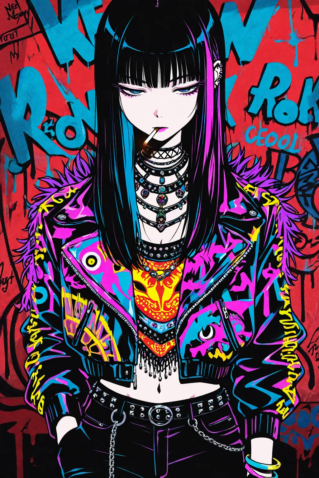 (flat neon color), punk gyaru, cool beauty, black hair, slender body, half-closed eyes, rest, Arabian exotic fashion, neon motif room, cigarette, geometric movie poster, graffiti,