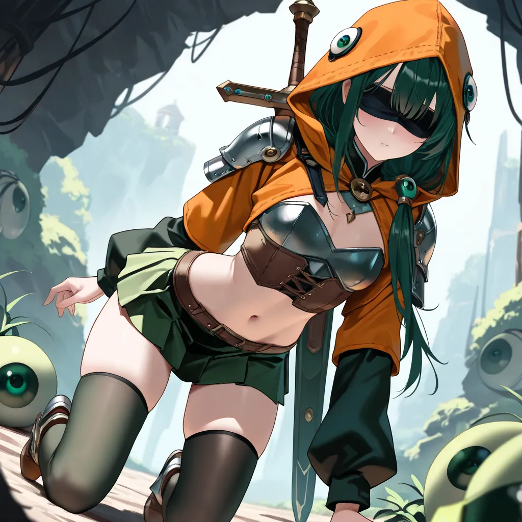 ((1girl,solo.darkgreen-long-hair,,,orange-hooded-jacket,,petite Stature)),
 blindfold, Weapon carried on back, navel, shoulder armor, brown corset, , thighhighs, skirt, midriff, armor, hair ornament,Two green-eyes eyeballs rolling,low camera angle,Finding ...