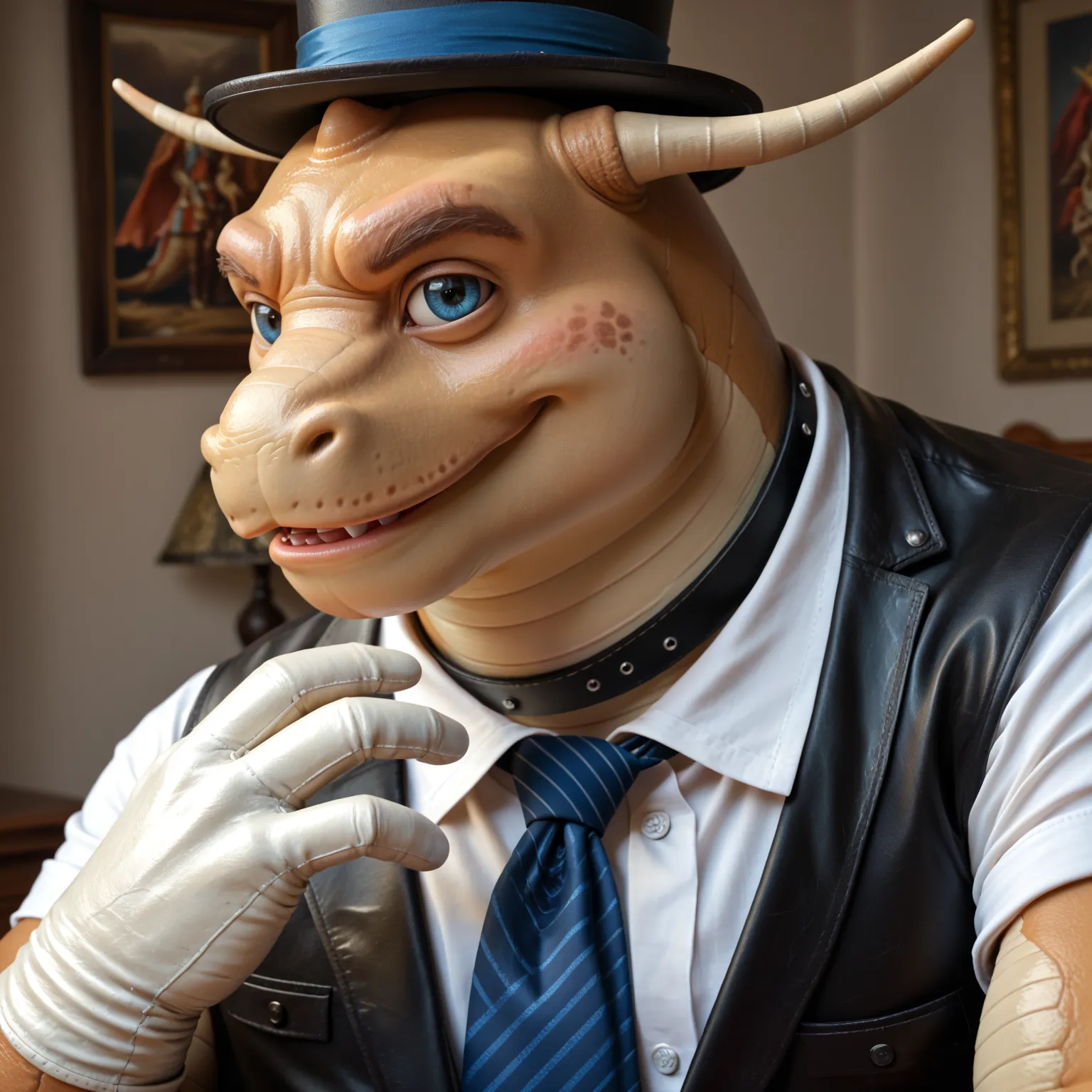 Male, close up, fat, musclegut, obese, gentleman, dapper steampunk Dragonite, blue eyes, wearing a big leather collar around his neck, (soft shading), 4k, hi res, ((detailed face, detailed)), looking at viewer, evil grin, collared shirt with buttons, top-h...