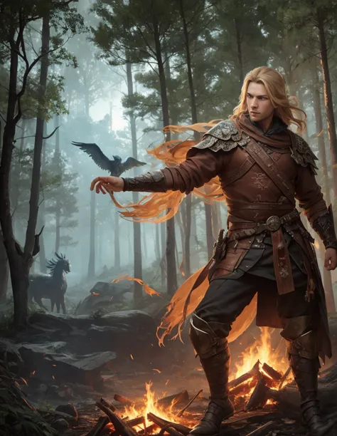 Create a handsome 20-year-old male warrior with blond hair and blue eyes next to a phoenix rising from the fire, against a background of mythical creatures, in the thicket of the forest , extremely realistic,  detailed,  Masterpiece  